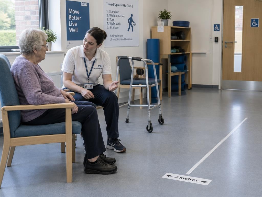 British patient seated before a Timed Up and Go Test